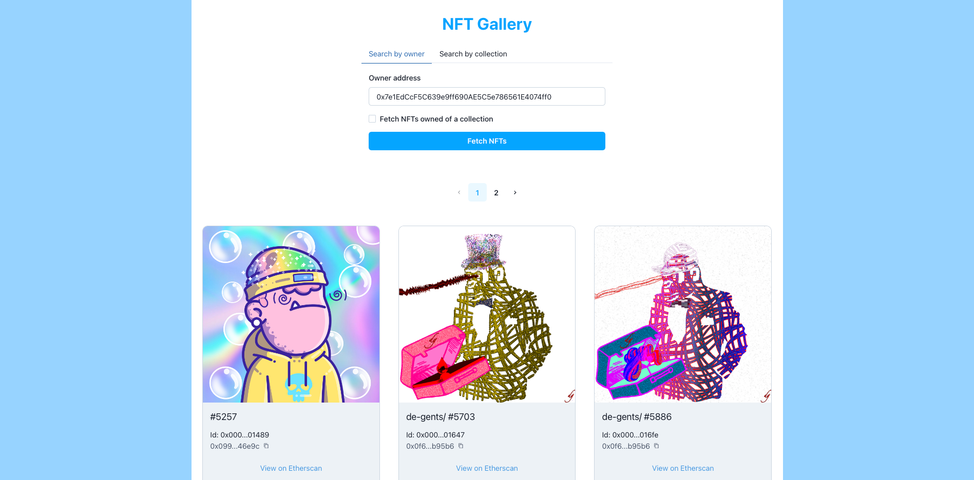 Screenshot of NFT gallery application