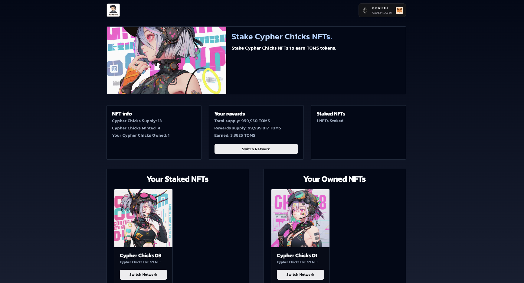 Screenshot of the web3 staking application